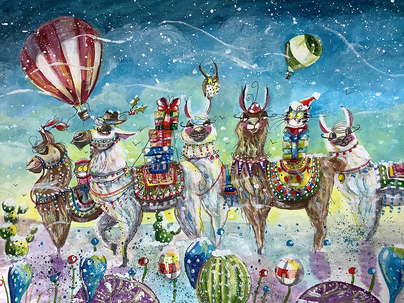Festival llamas, watercolor painting by Kay Dawson - Black Hat Gallery